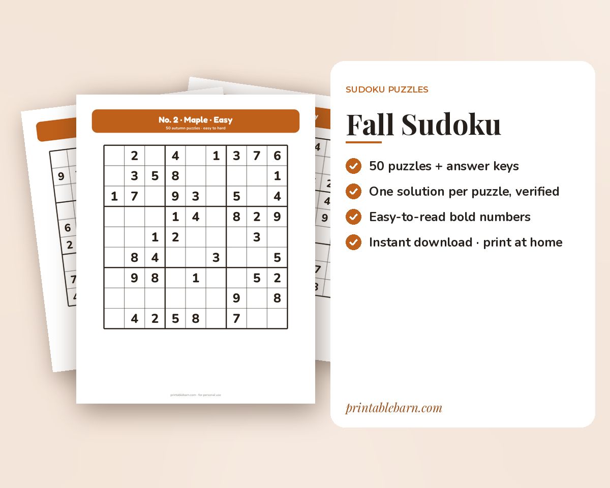 Fall Sudoku: 50 Printable Autumn Puzzles, Easy to Hard (Large Print)