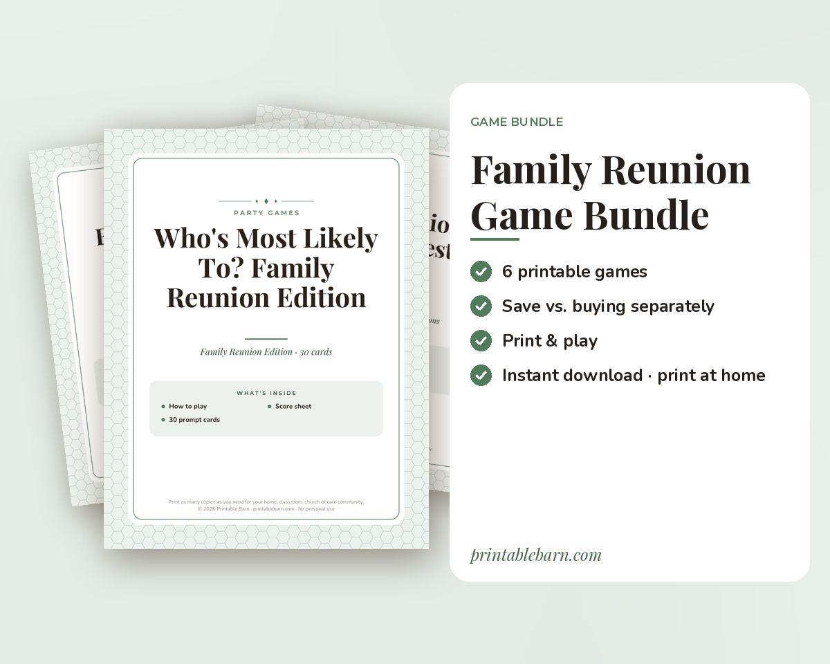 Family Reunion Games Bundle: 6 Printable Party Games (Would You Rather, Most Likely To, Find the Guest & More) printable preview 1