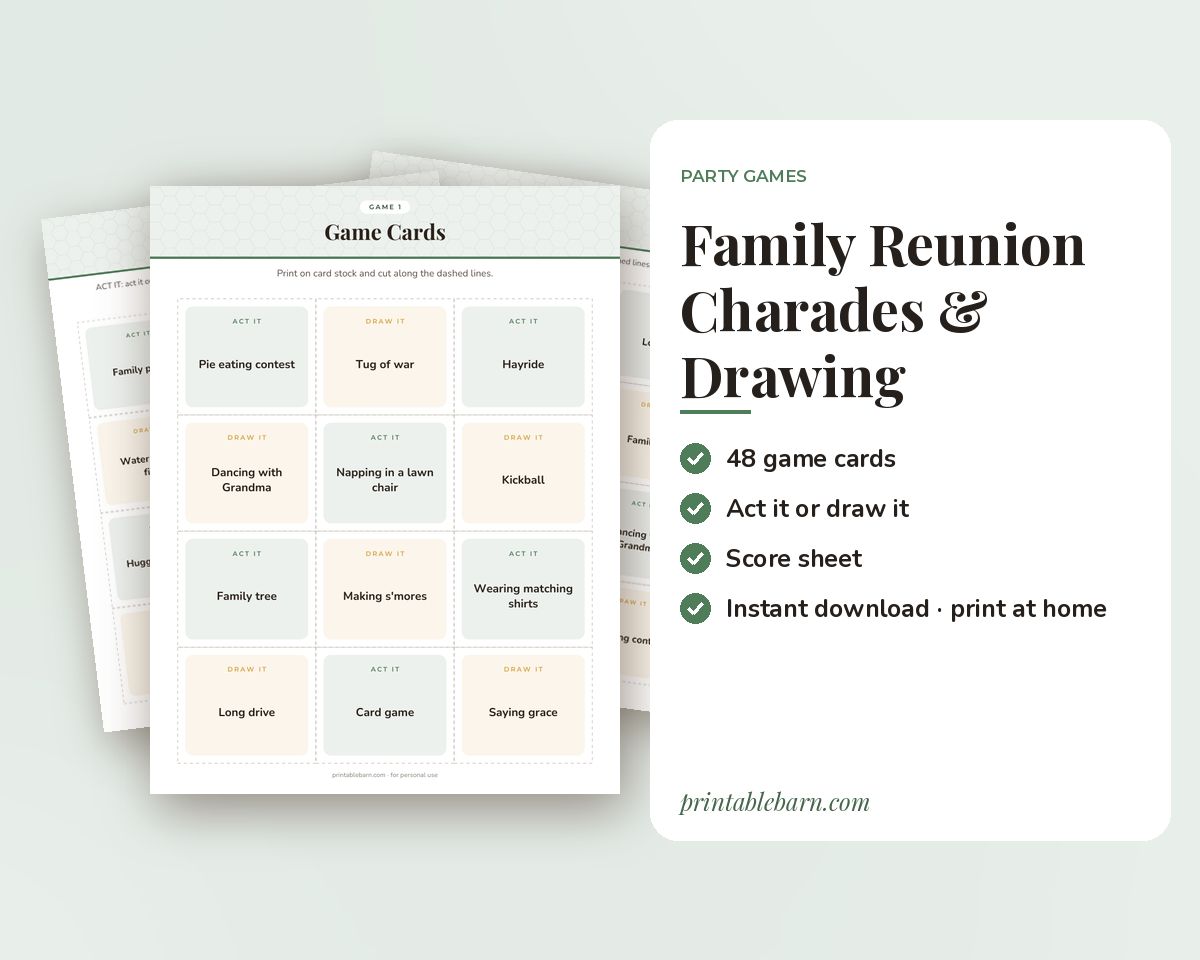 Family Reunion Charades & Drawing Game: 48 Printable Act It / Draw It Cards