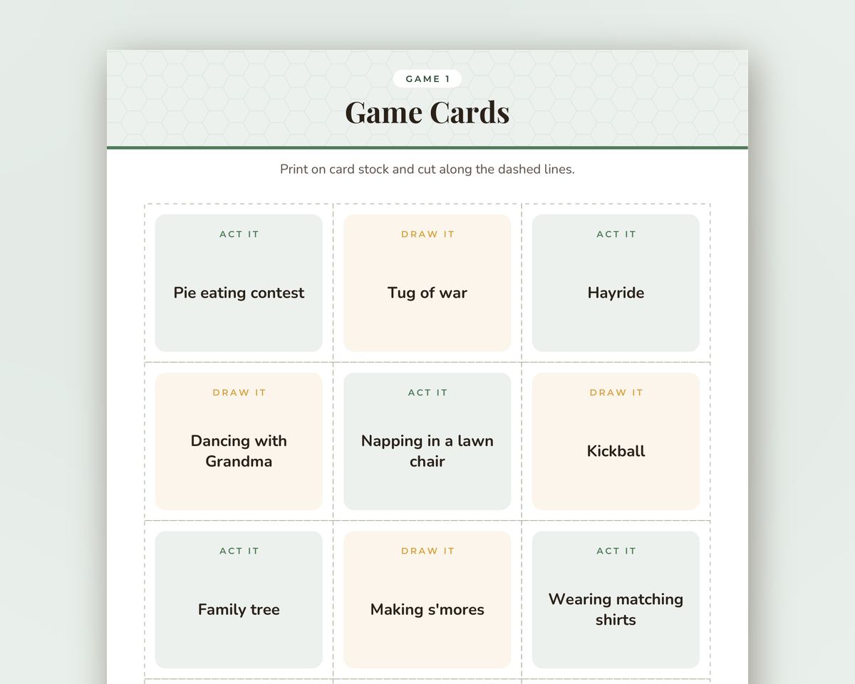 Free printable Family Reunion Charades & Drawing Game sample page
