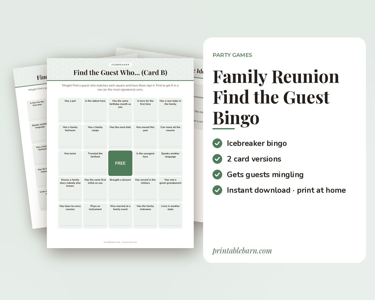 Family Reunion Find the Guest Bingo: Printable Icebreaker Game (2 Card Versions)