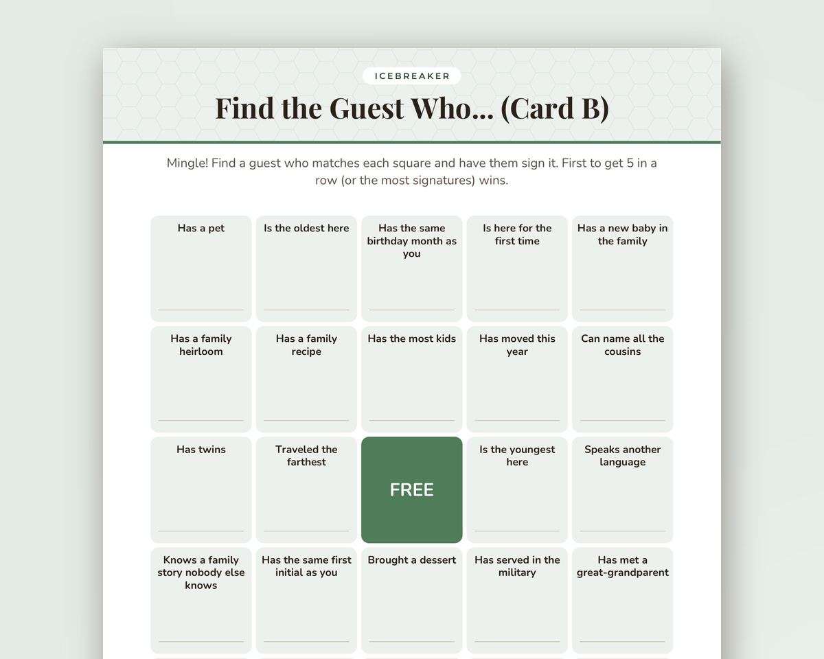 Free printable Family Reunion Find the Guest Bingo sample page