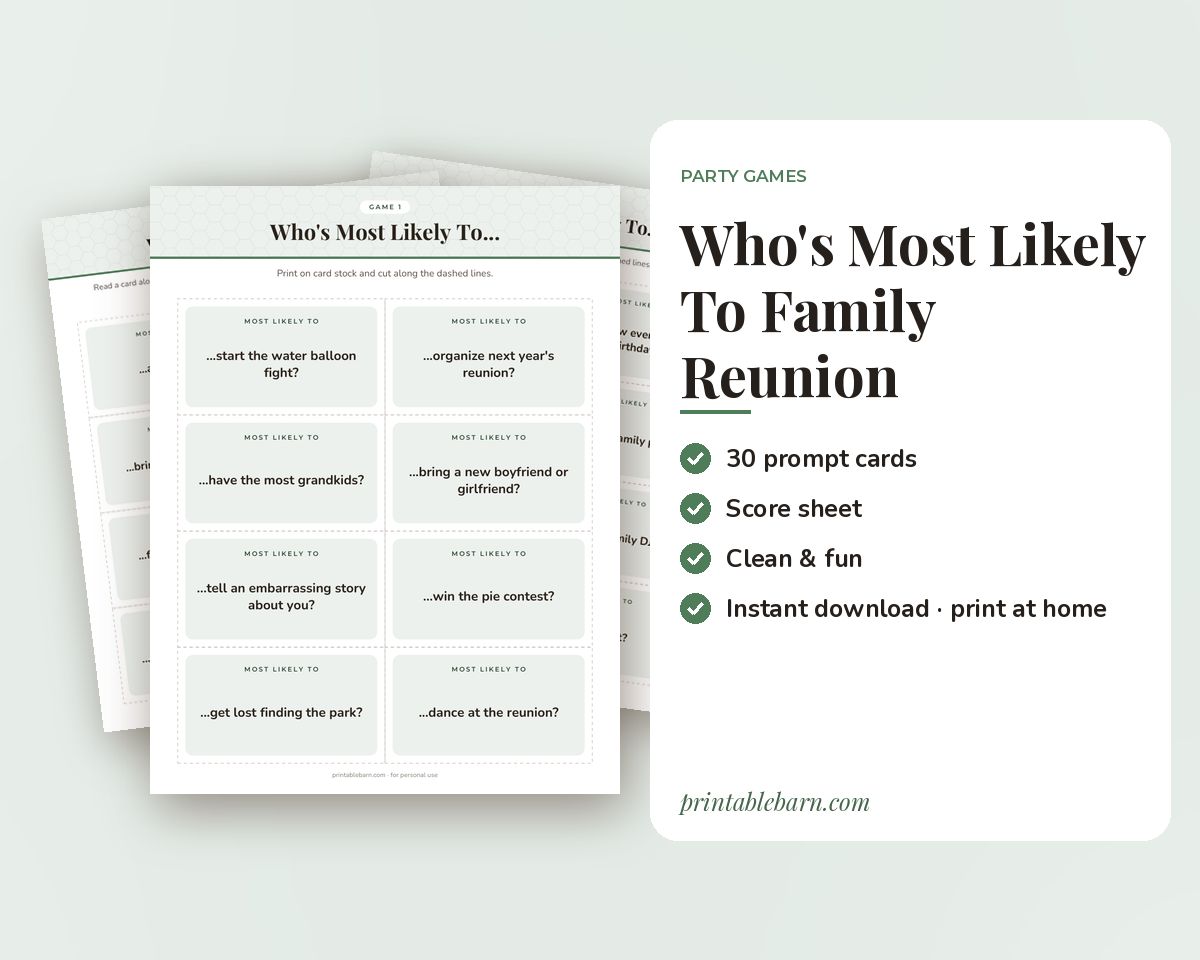 Who's Most Likely To: Family Reunion Edition, 30 Printable Game Cards printable preview 1