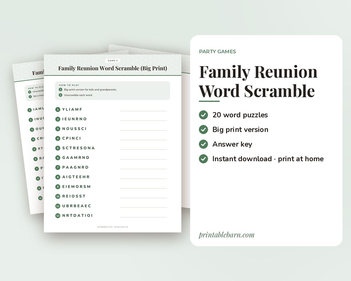 Family Reunion Word Scramble Game: 20 Printable Word Puzzles with Answer Key