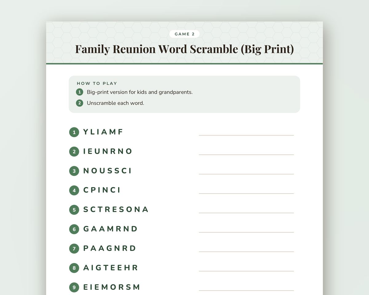 Free printable Family Reunion Word Scramble Game sample page