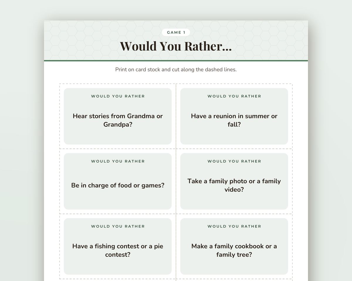 Family Reunion Would You Rather Game: 30 Printable Question Cards printable preview 2
