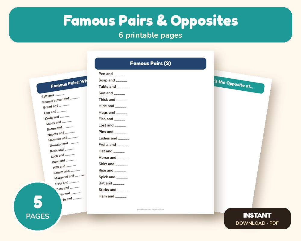 Famous Pairs & Opposites Worksheets for Seniors (Large Print) printable preview 1