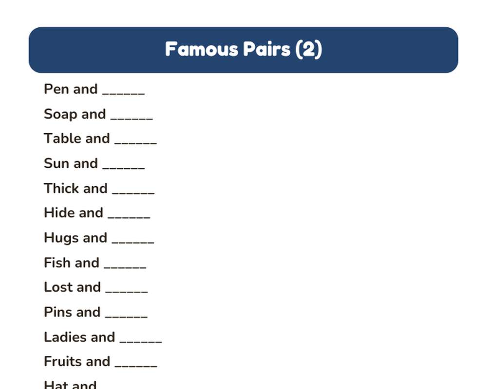 Free printable Famous Pairs & Opposites Worksheets for Seniors sample page