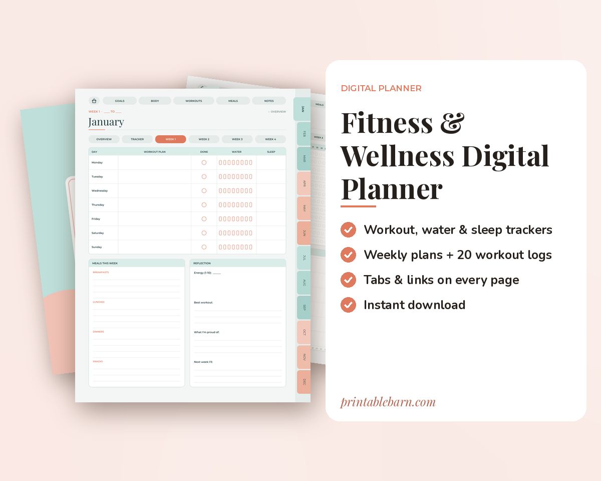 Fitness Digital Planner: Undated Hyperlinked Workout & Wellness Tracker for GoodNotes & Notability