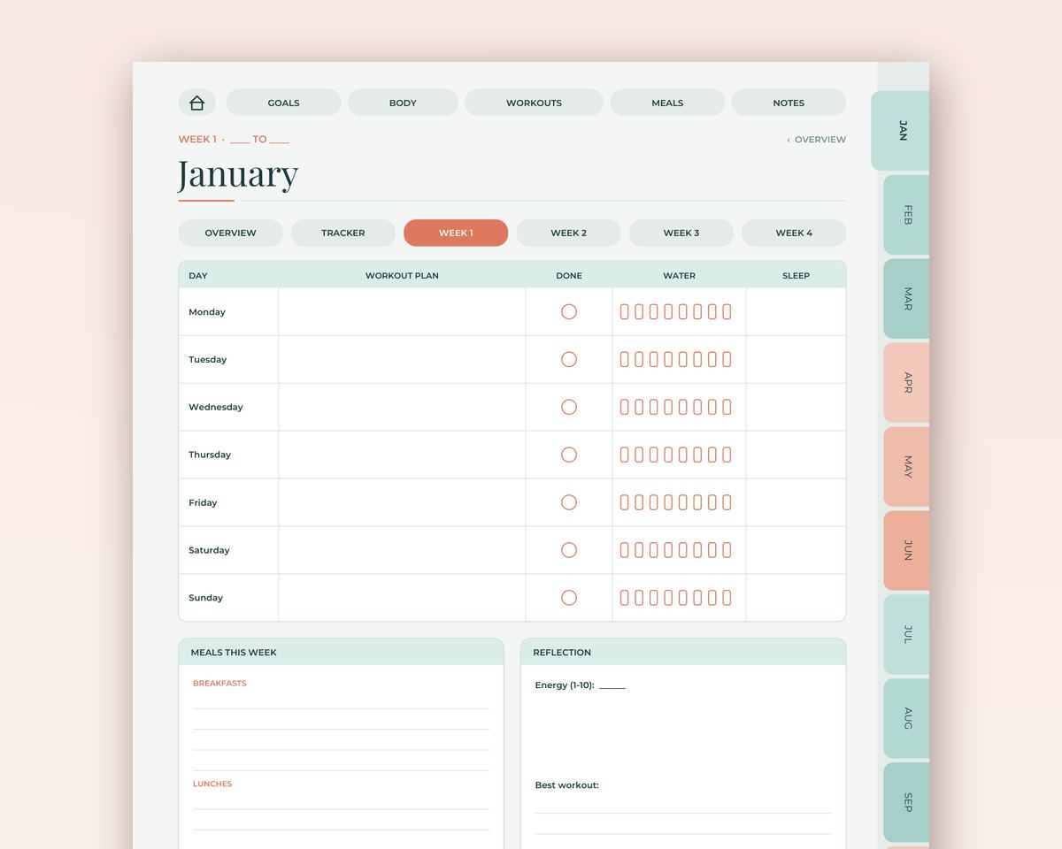 Fitness Digital Planner: Undated Hyperlinked Workout & Wellness Tracker for GoodNotes & Notability printable preview 2