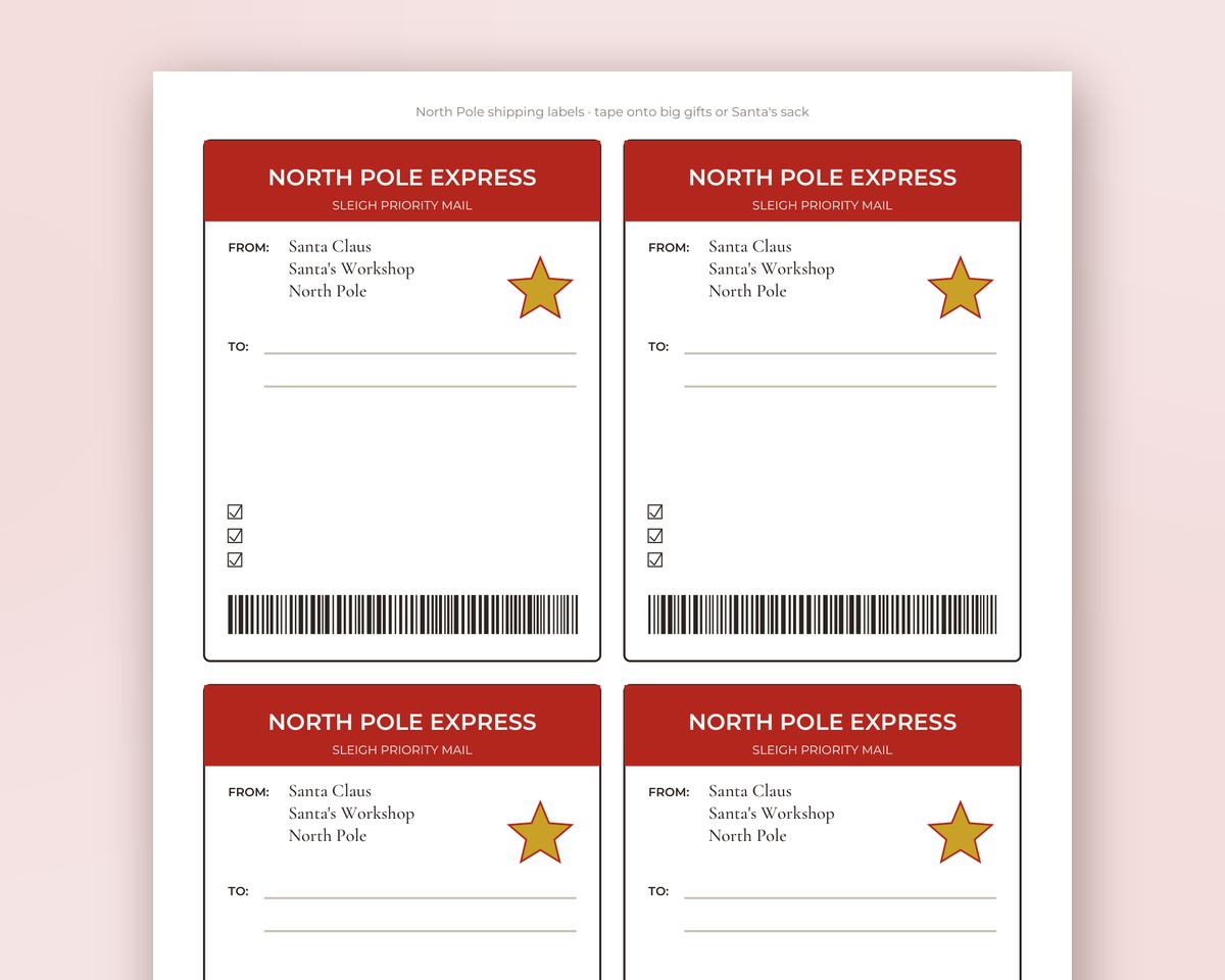 Free printable From Santa Gift Tags & North Pole Shipping Labels sample page