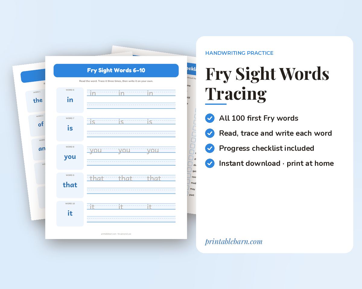 Fry Sight Words Tracing Worksheets: First 100 Words (Printable PDF) printable preview 1