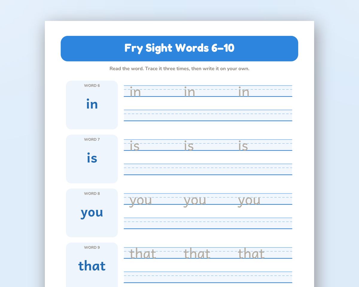Fry Sight Words Tracing Worksheets: First 100 Words (Printable PDF) printable preview 2