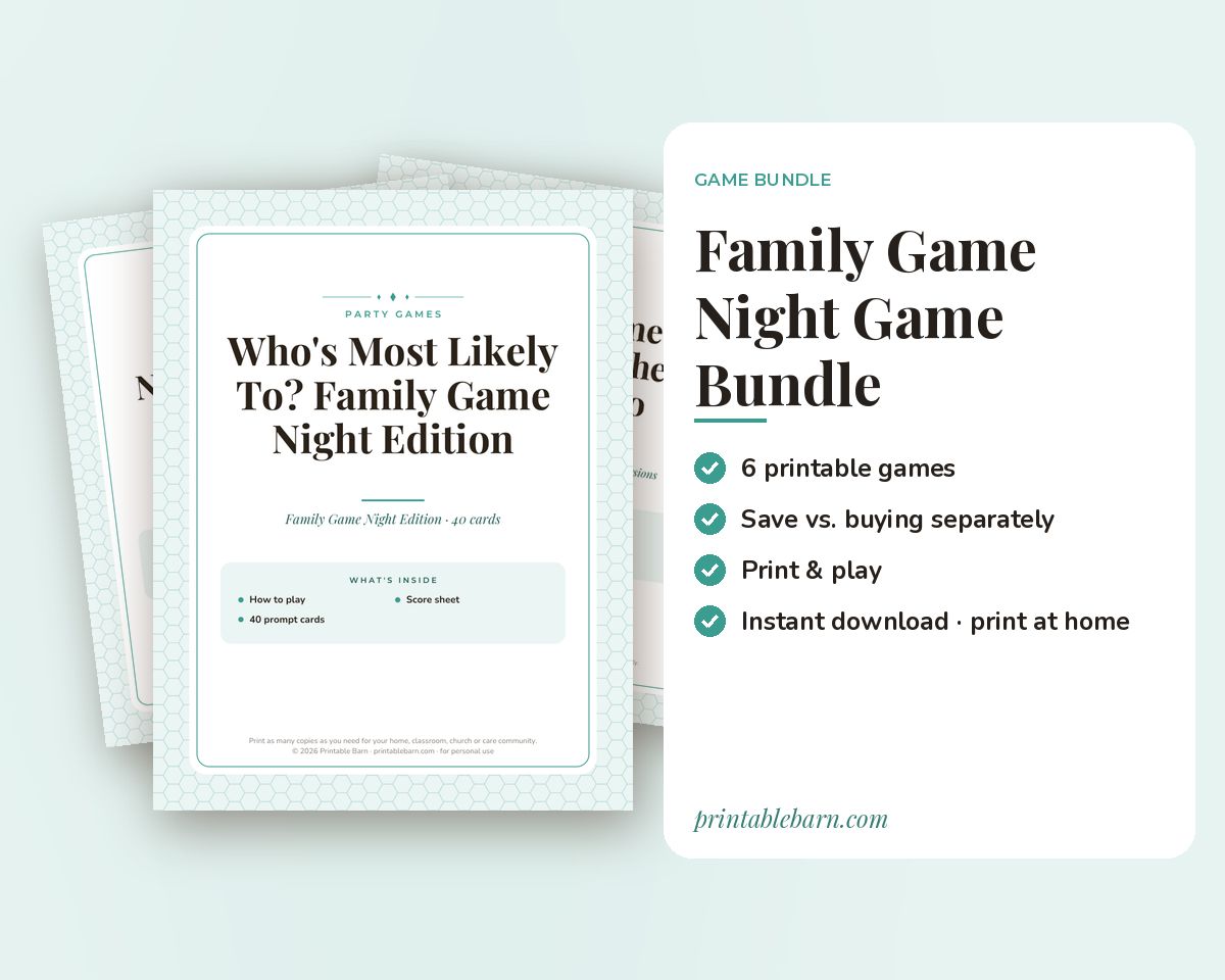 Family Game Night Games Bundle: 6 Printable Party Games (Would You Rather, Most Likely To, Find the Guest & More)
