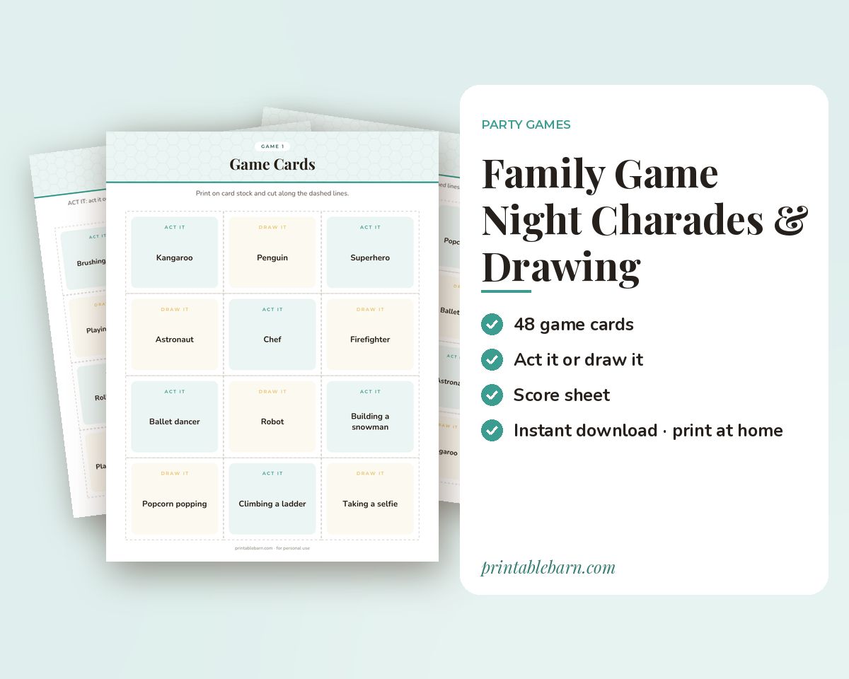 Family Game Night Charades & Drawing Game: 48 Printable Act It / Draw It Cards printable preview 1