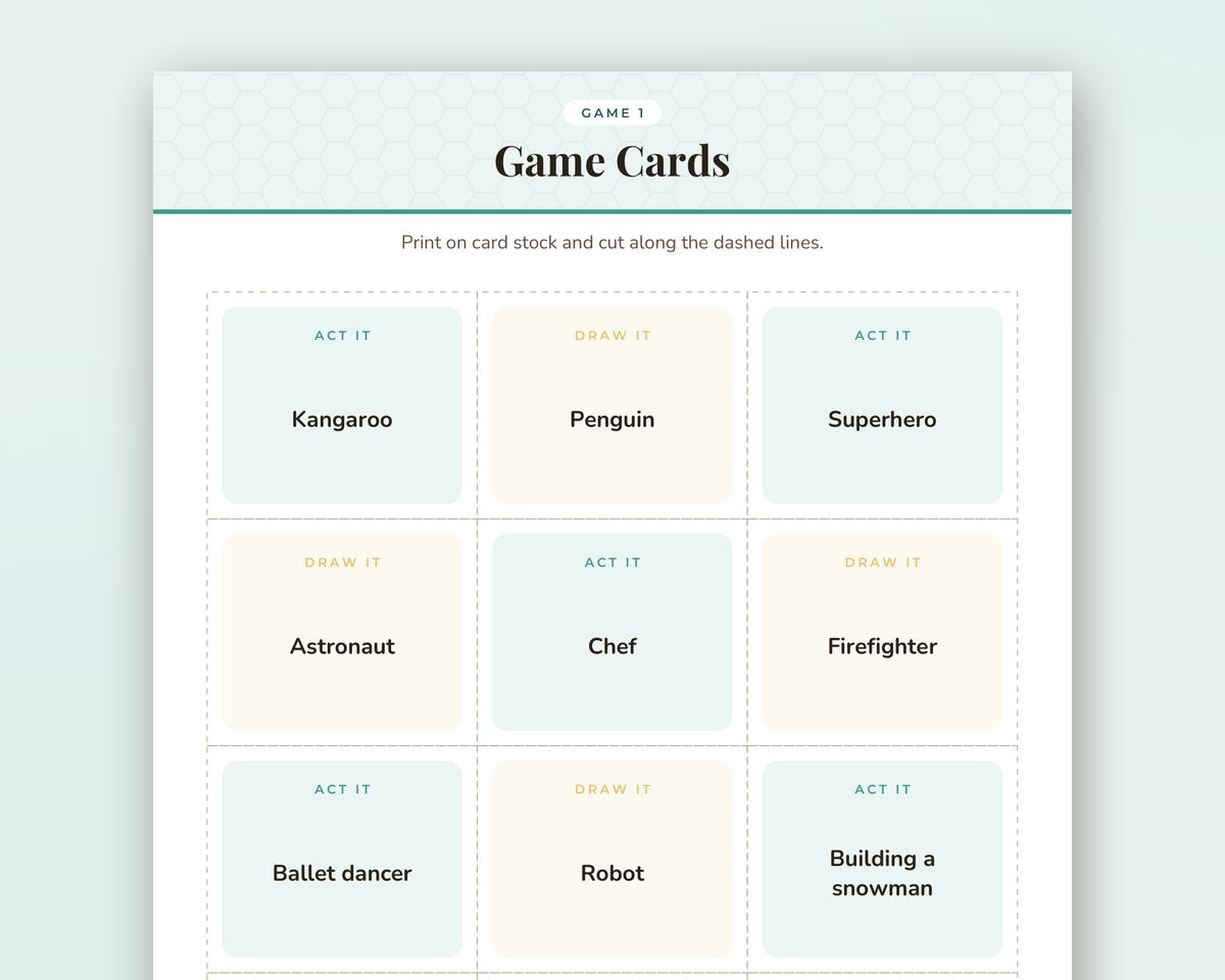 Family Game Night Charades & Drawing Game: 48 Printable Act It / Draw It Cards printable preview 2