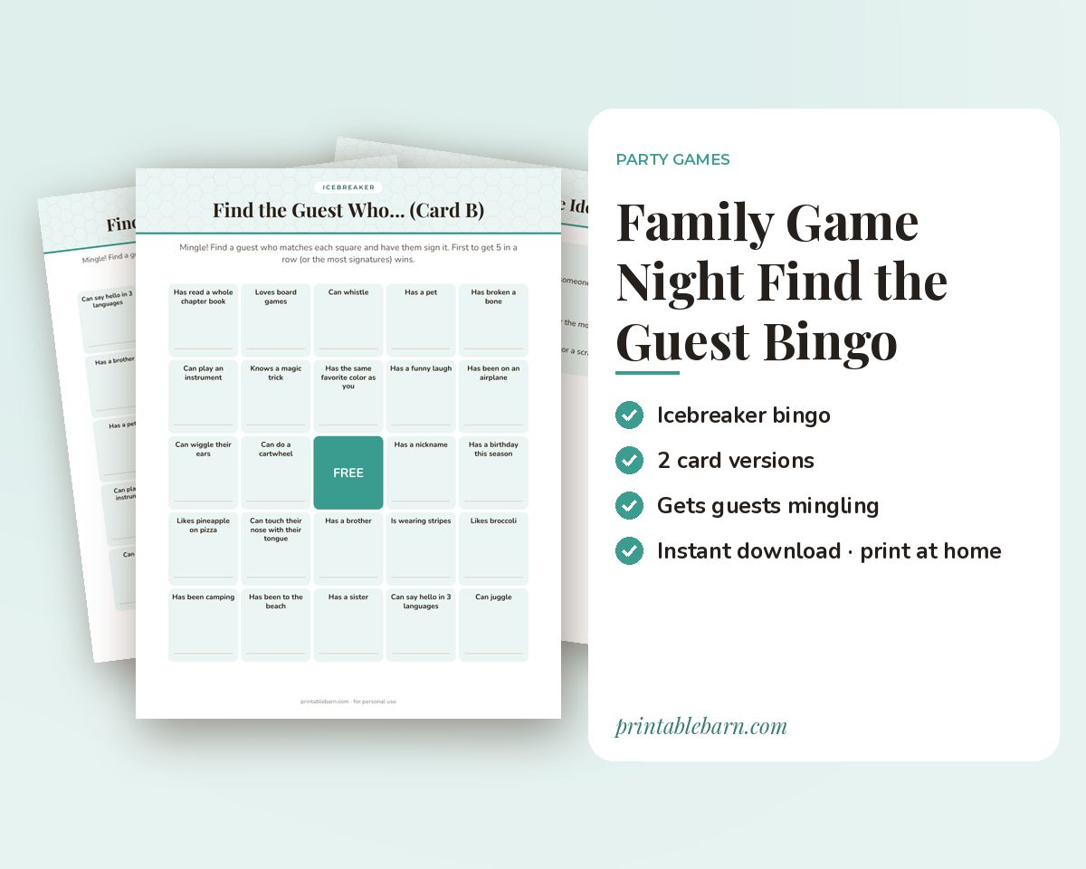 Family Game Night Find the Guest Bingo: Printable Icebreaker Game (2 Card Versions)