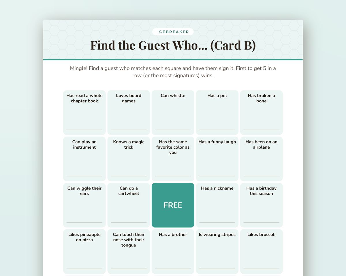 Free printable Family Game Night Find the Guest Bingo sample page