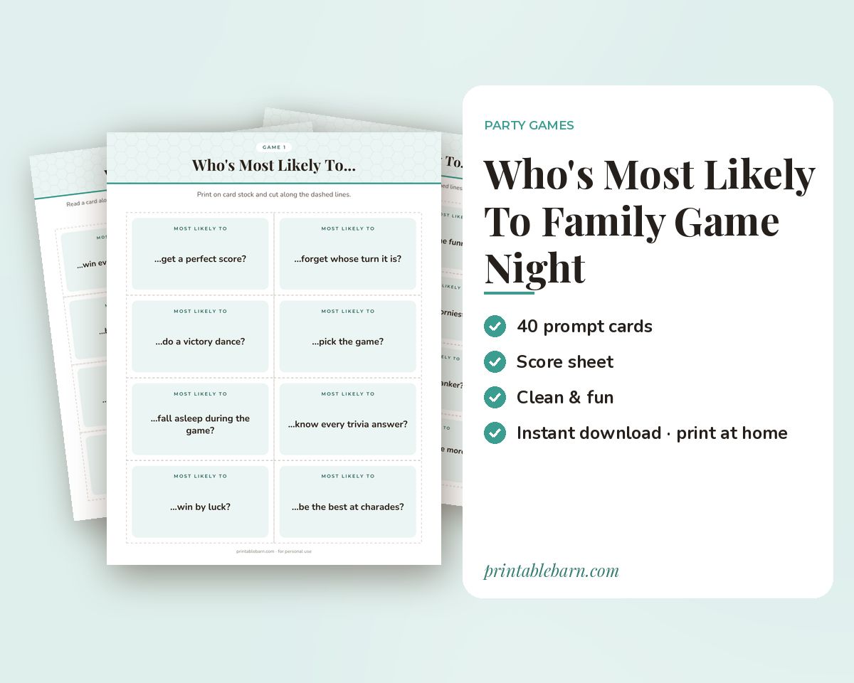 Who's Most Likely To: Family Game Night Edition, 40 Printable Game Cards