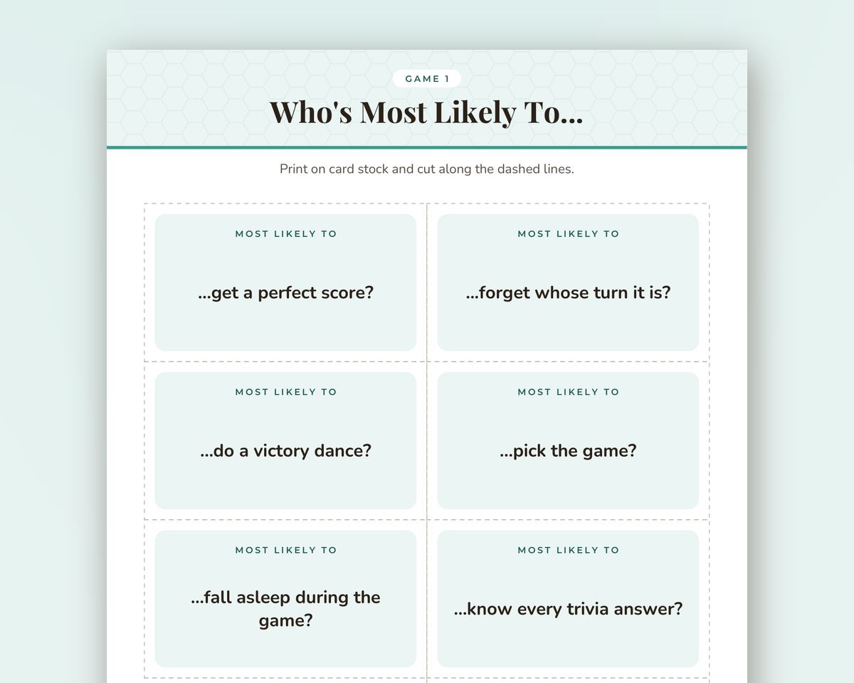 Who's Most Likely To: Family Game Night Edition, 40 Printable Game Cards printable preview 2