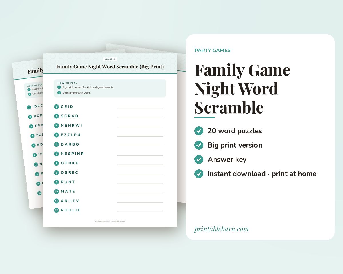 Family Game Night Word Scramble Game: 20 Printable Word Puzzles with Answer Key printable preview 1