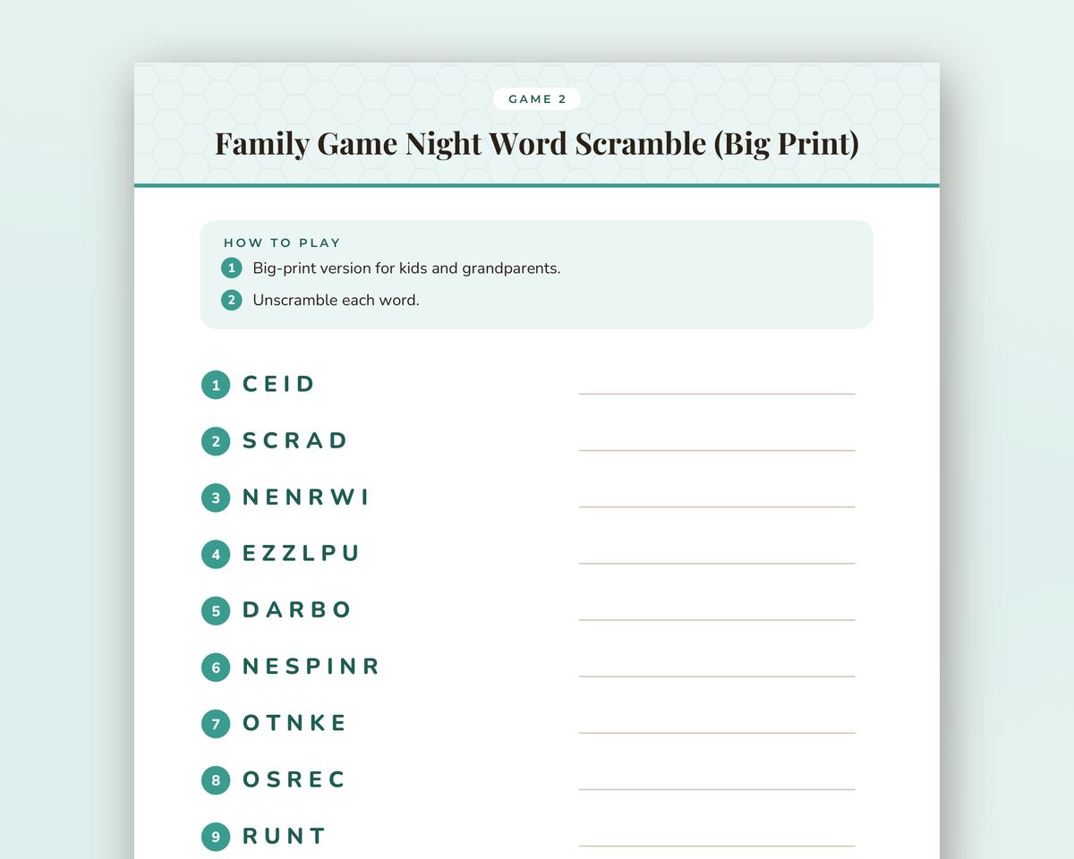 Family Game Night Word Scramble Game: 20 Printable Word Puzzles with Answer Key printable preview 2