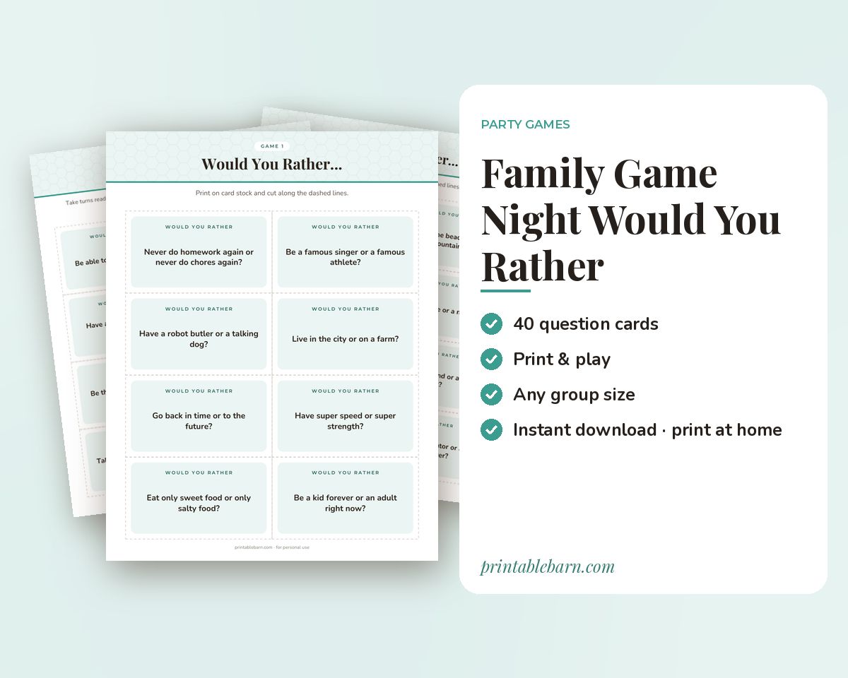Family Game Night Would You Rather Game: 40 Printable Question Cards printable preview 1