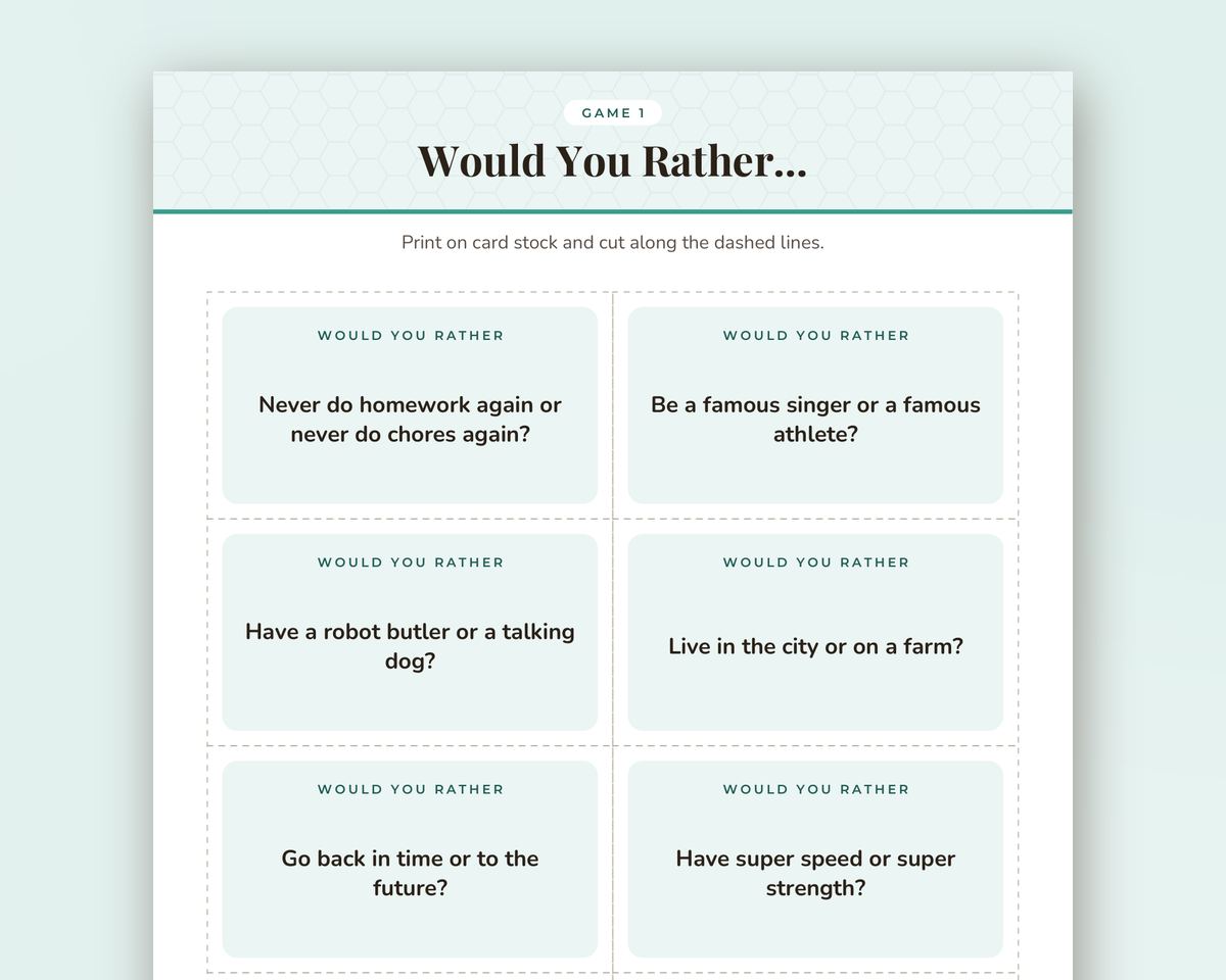 Family Game Night Would You Rather Game: 40 Printable Question Cards printable preview 2