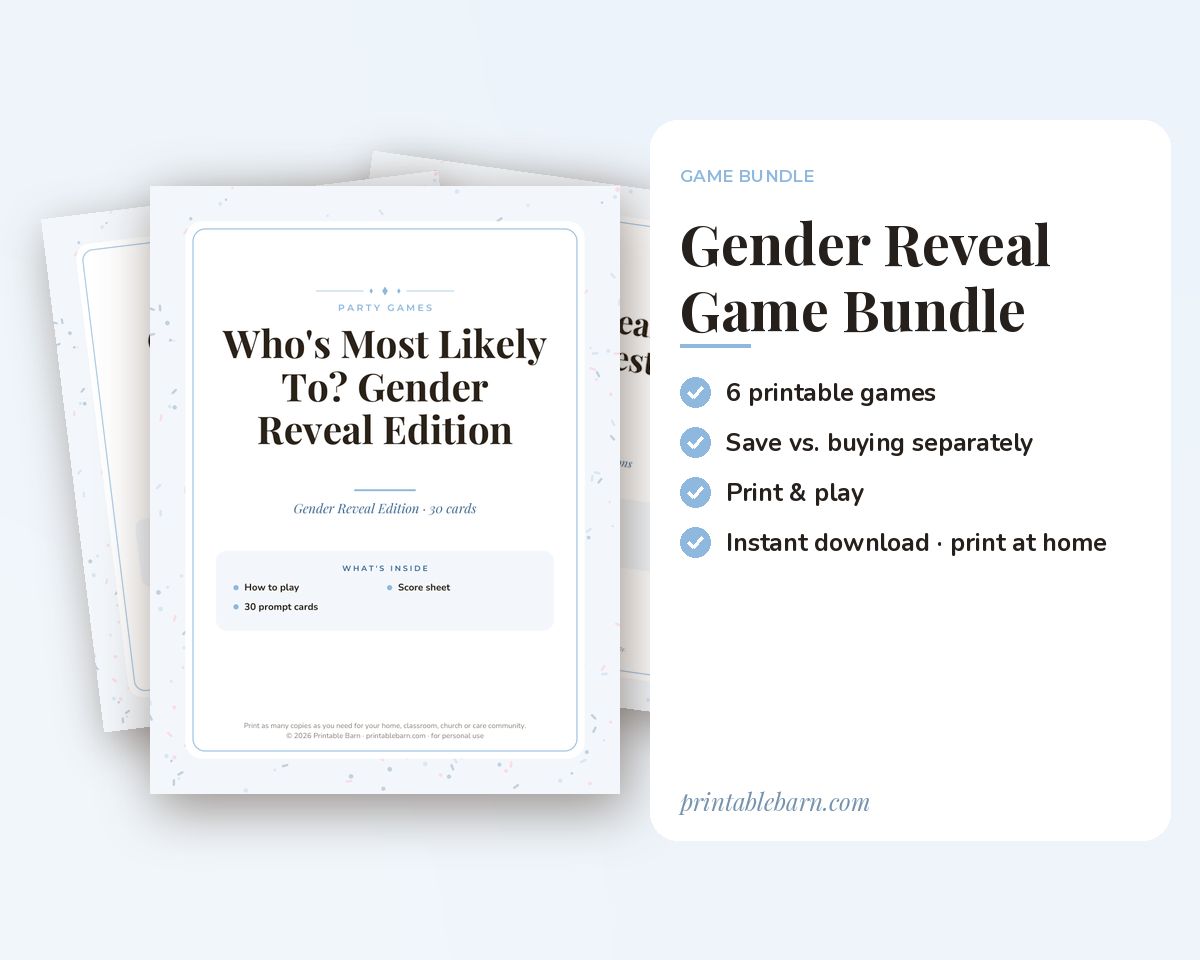 Gender Reveal Games Bundle: 6 Printable Party Games (Would You Rather, Most Likely To, Find the Guest & More) printable preview 1