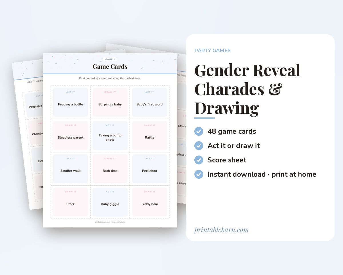 Gender Reveal Charades & Drawing Game: 48 Printable Act It / Draw It Cards printable preview 1