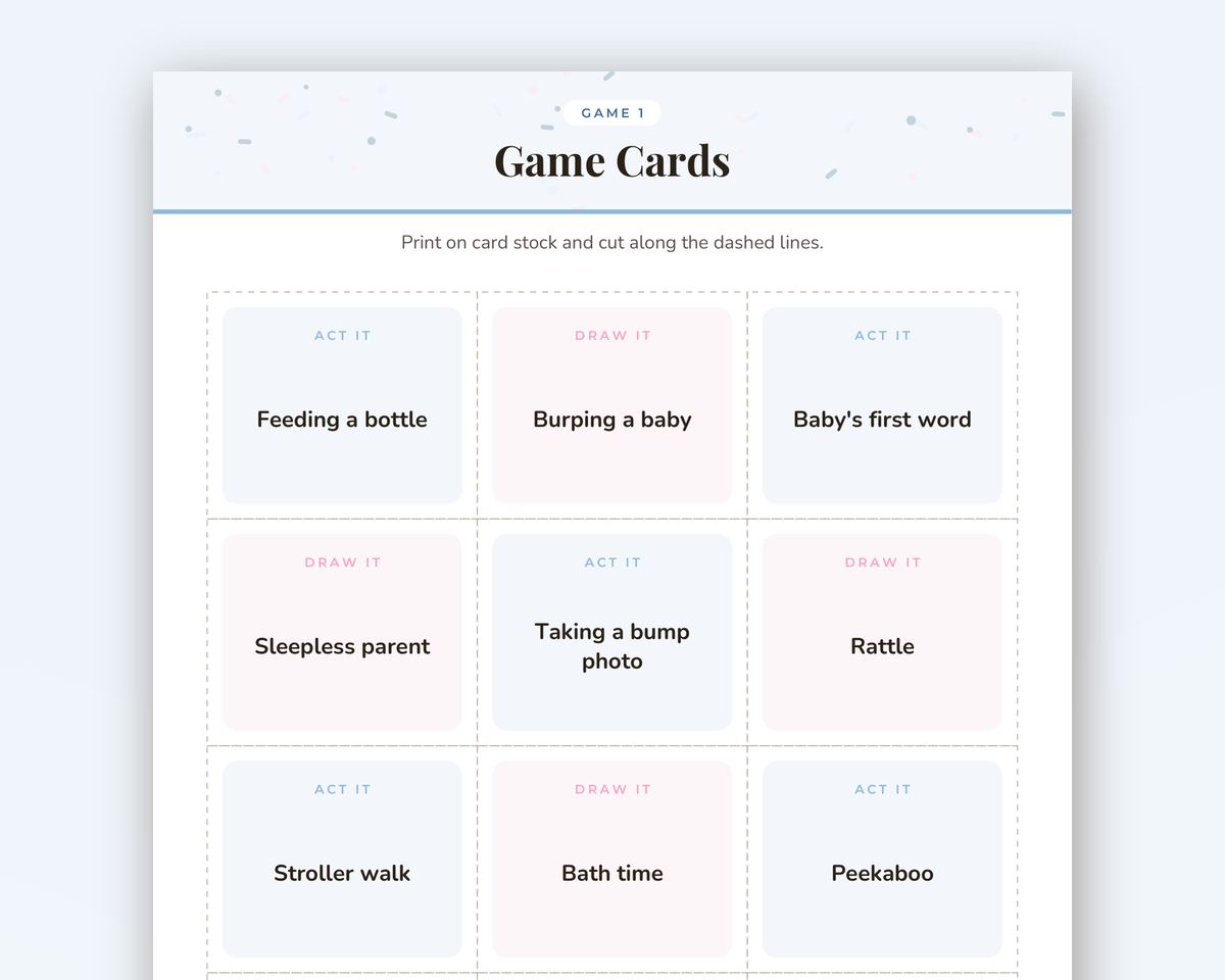 Free printable Gender Reveal Charades & Drawing Game sample page