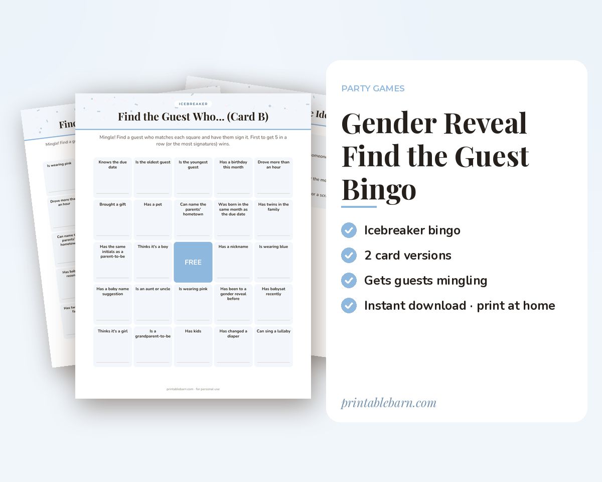 Gender Reveal Find the Guest Bingo: Printable Icebreaker Game (2 Card Versions) printable preview 1