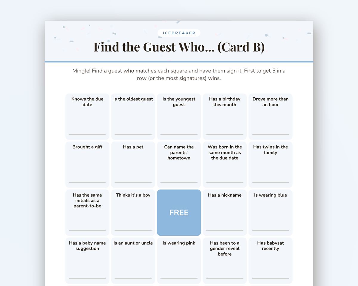 Free printable Gender Reveal Find the Guest Bingo sample page