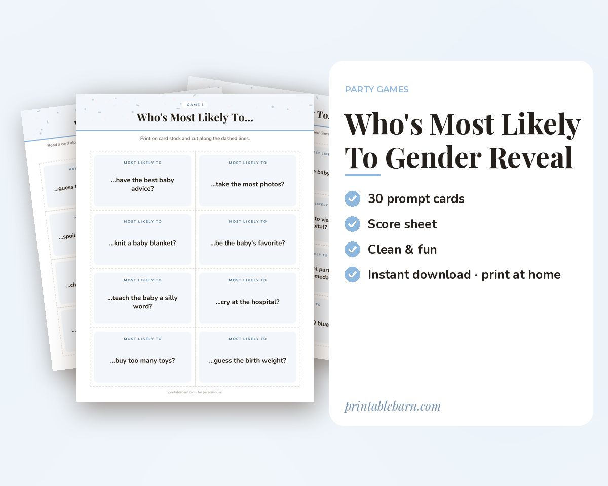 Who's Most Likely To: Gender Reveal Edition, 30 Printable Game Cards printable preview 1