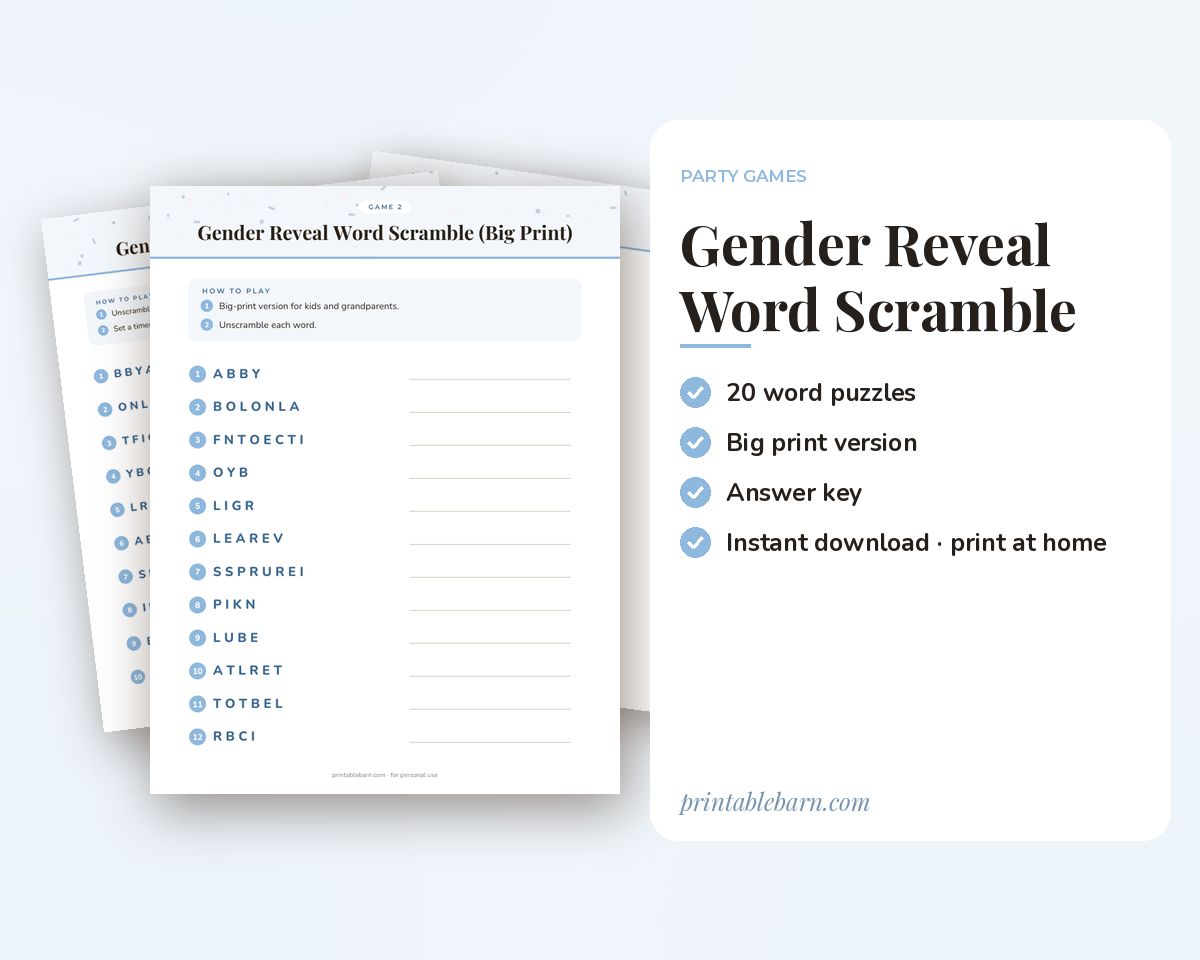 Gender Reveal Word Scramble Game: 20 Printable Word Puzzles with Answer Key printable preview 1