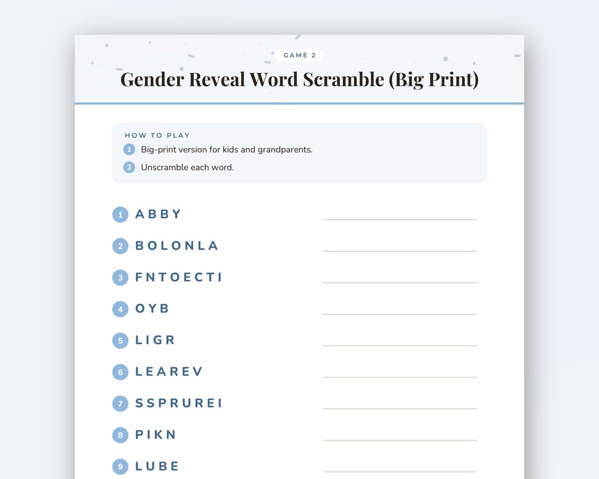 Free printable Gender Reveal Word Scramble Game sample page
