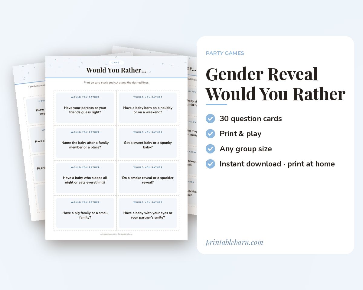 Gender Reveal Would You Rather Game: 30 Printable Question Cards printable preview 1