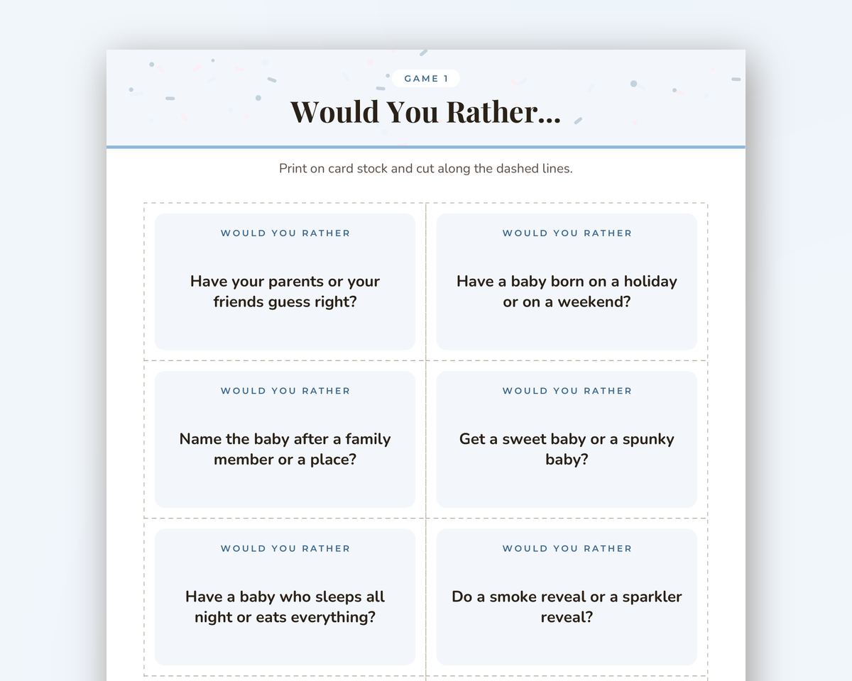 Gender Reveal Would You Rather Game: 30 Printable Question Cards printable preview 2