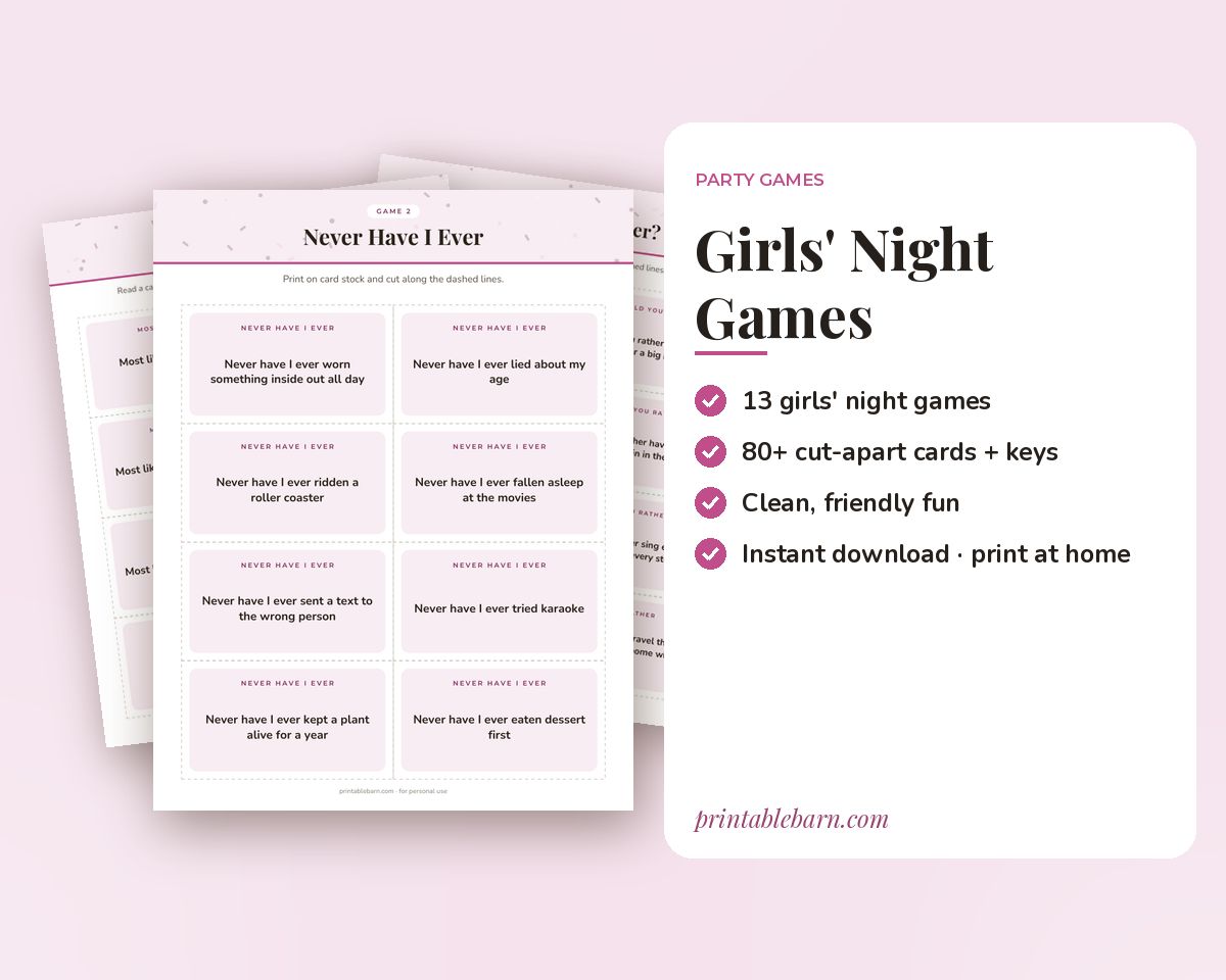 Girls' Night Games Printable Pack: 13 Games for a Fun Night In printable preview 1
