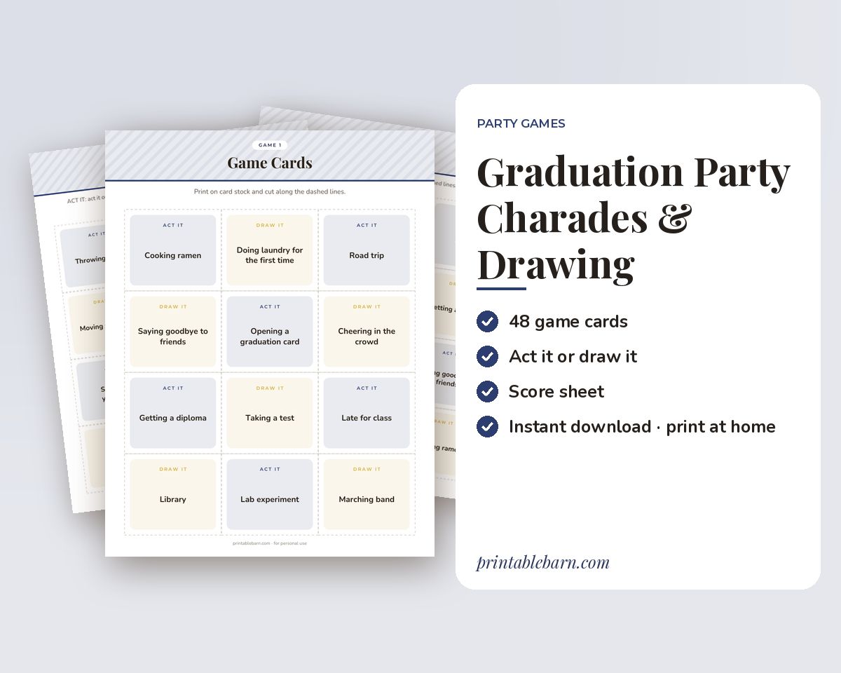 Graduation Party Charades & Drawing Game: 48 Printable Act It / Draw It Cards printable preview 1