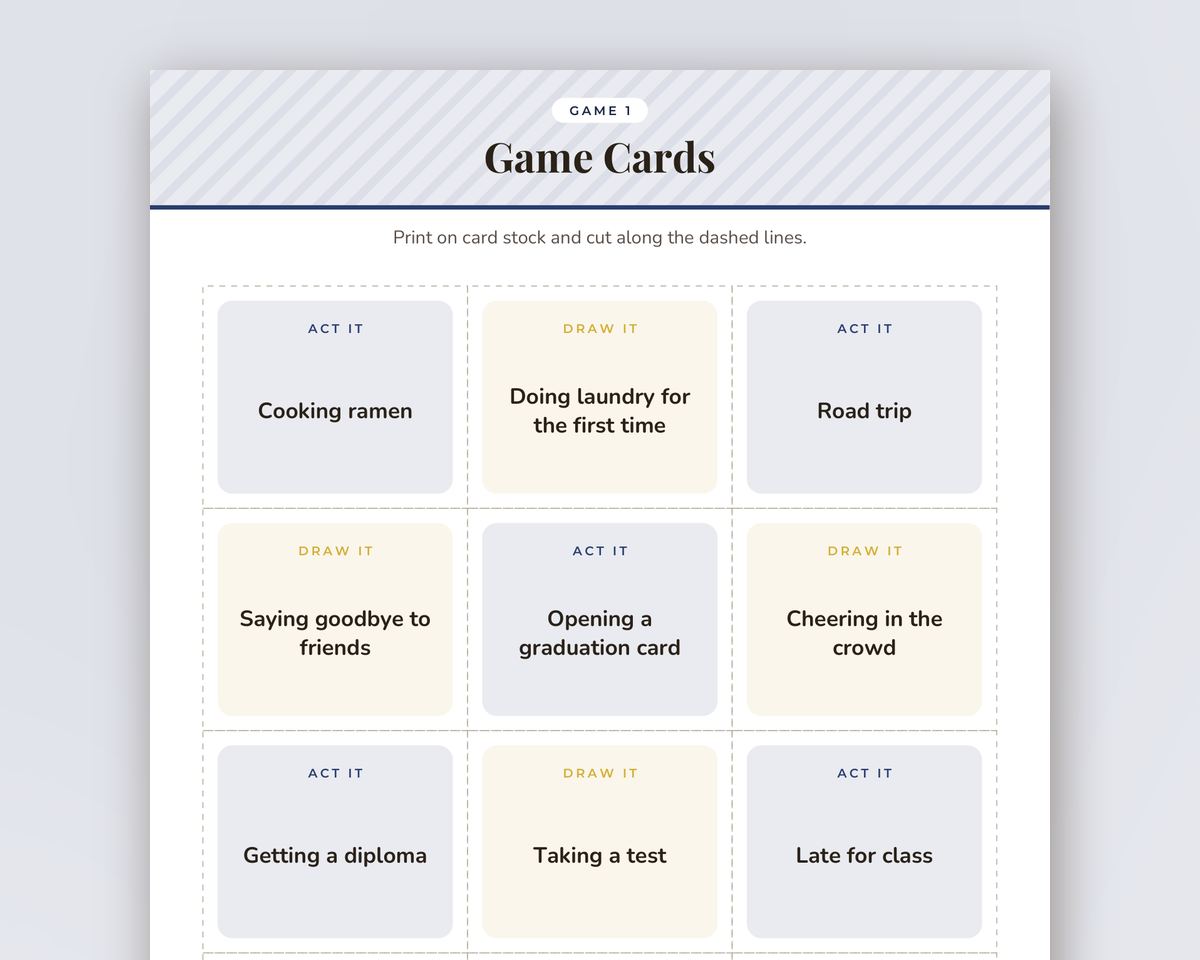 Graduation Party Charades & Drawing Game: 48 Printable Act It / Draw It Cards printable preview 2