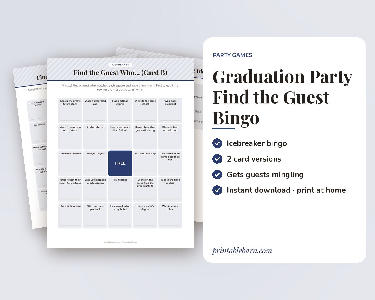 Graduation Party Find the Guest Bingo: Printable Icebreaker Game (2 Card Versions)