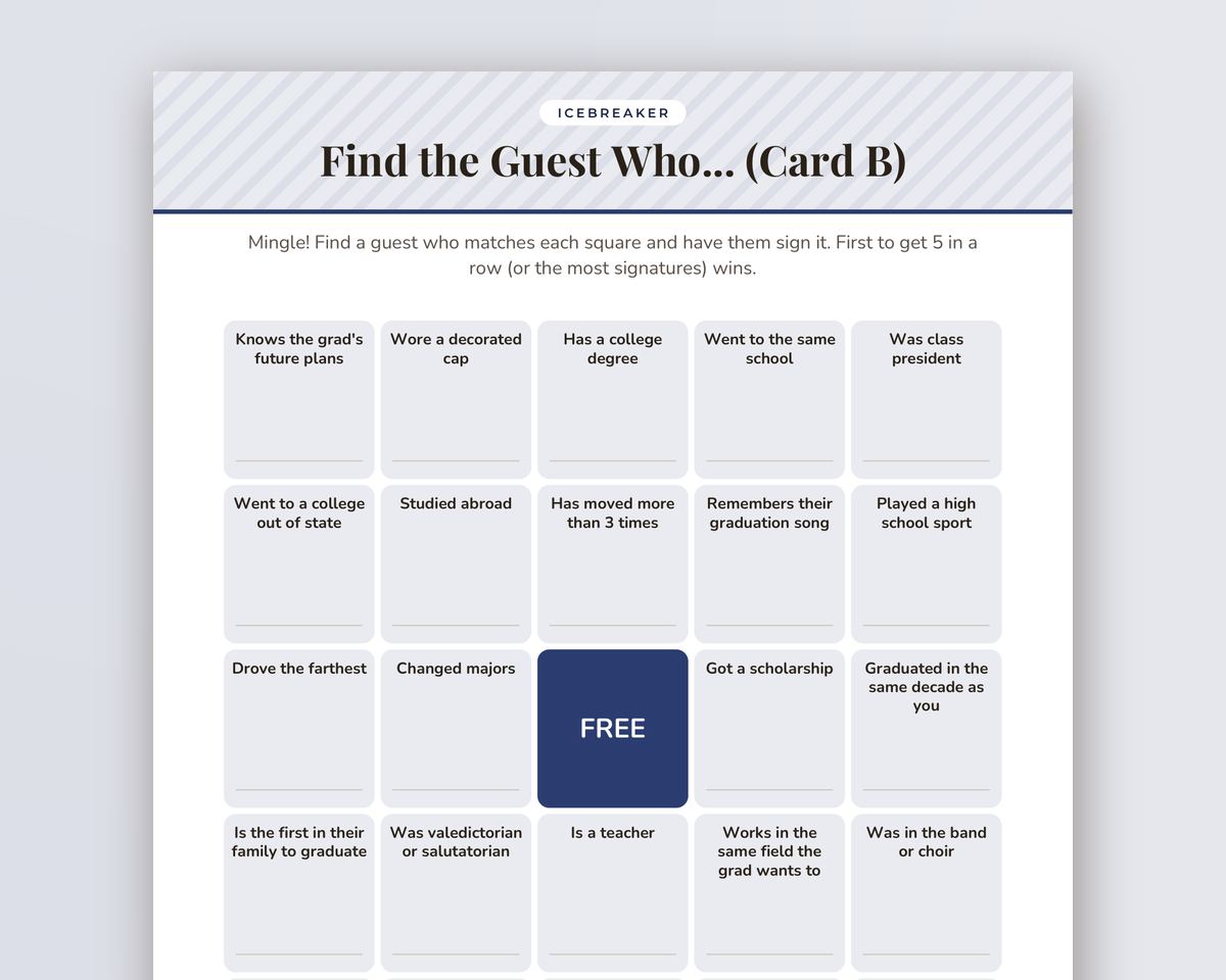 Graduation Party Find the Guest Bingo: Printable Icebreaker Game (2 Card Versions) printable preview 2