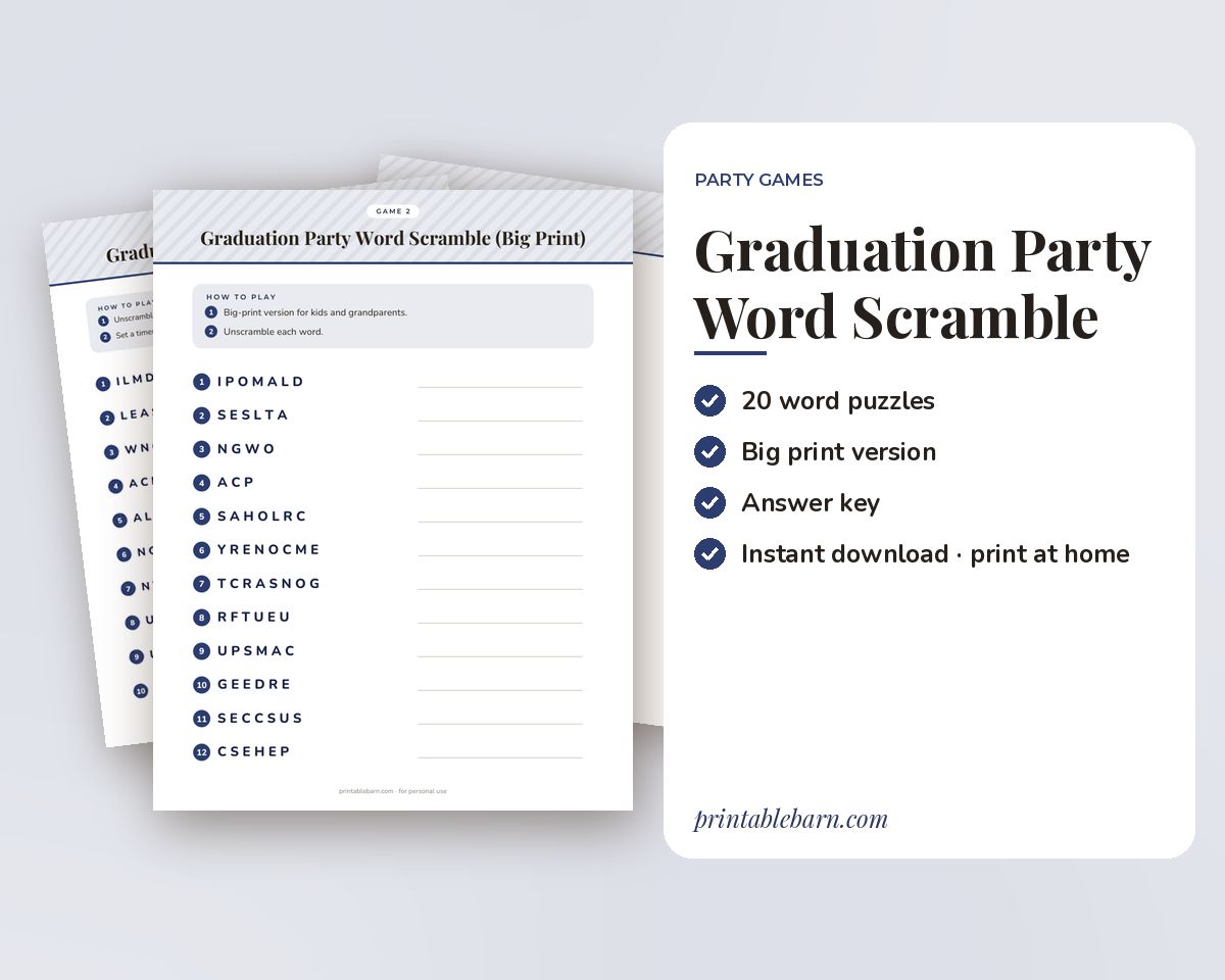 Graduation Party Word Scramble Game: 20 Printable Word Puzzles with Answer Key printable preview 1