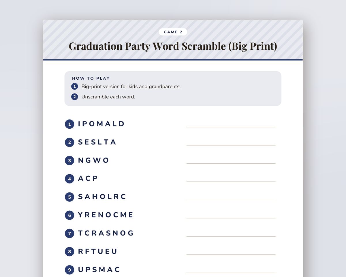 Graduation Party Word Scramble Game: 20 Printable Word Puzzles with Answer Key printable preview 2