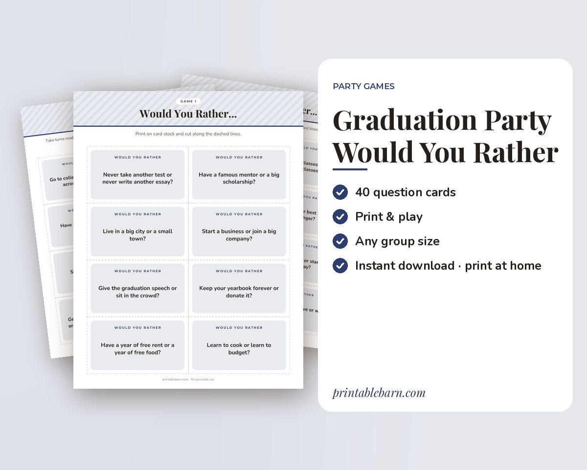 Graduation Party Would You Rather Game: 40 Printable Question Cards printable preview 1