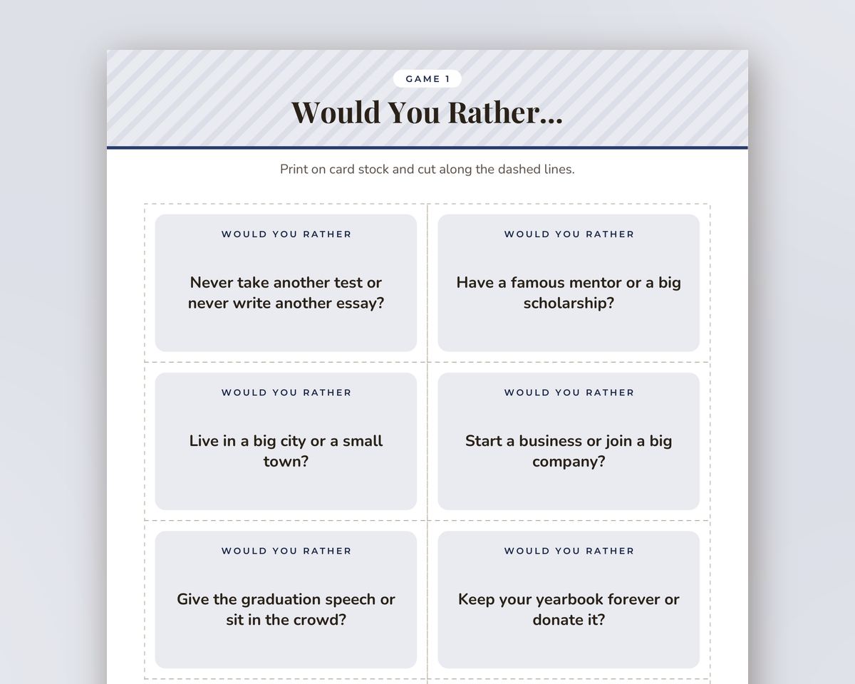Graduation Party Would You Rather Game: 40 Printable Question Cards printable preview 2