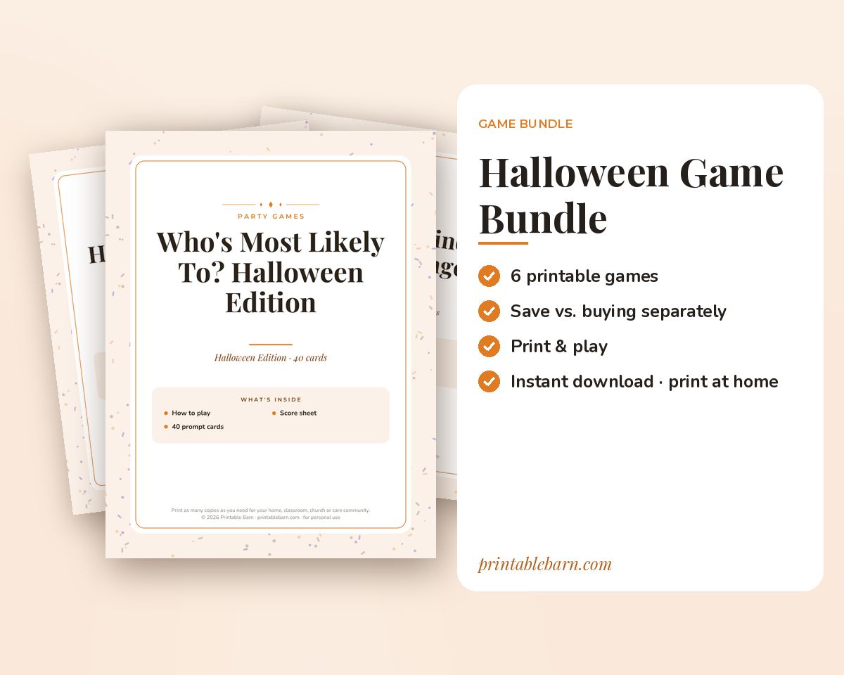 Halloween Games Bundle: 6 Printable Party Games (Would You Rather, Most Likely To, Find the Guest & More) printable preview 1