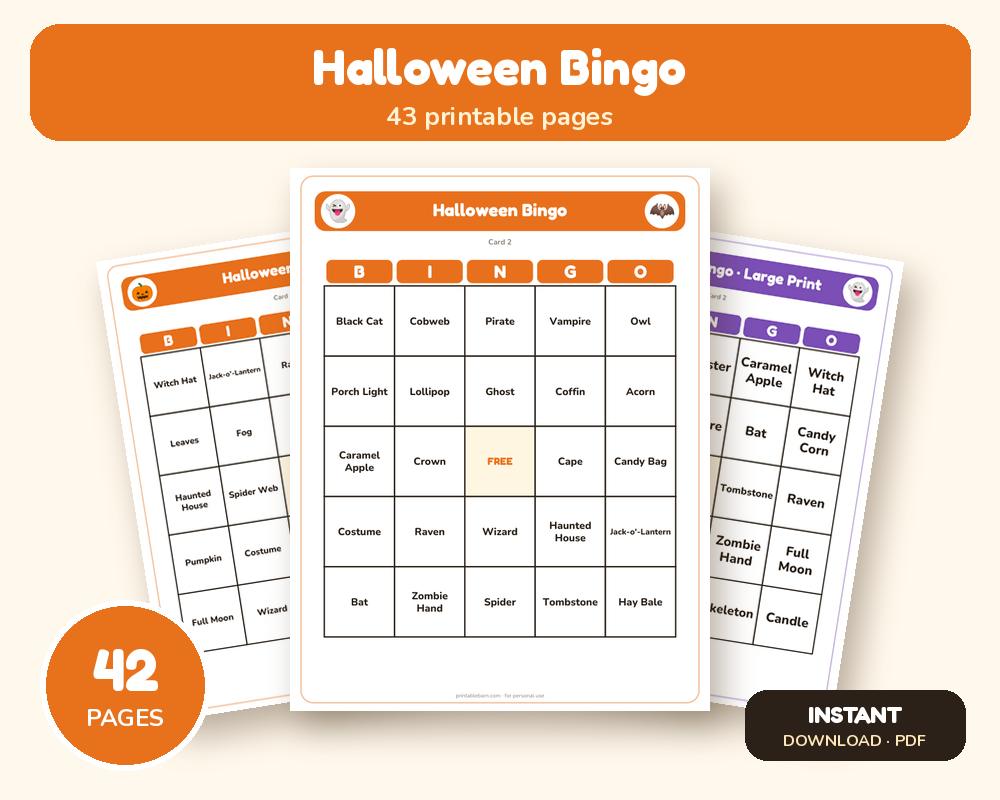 Halloween Bingo: 40 Cards (Regular + Large Print) printable preview 1