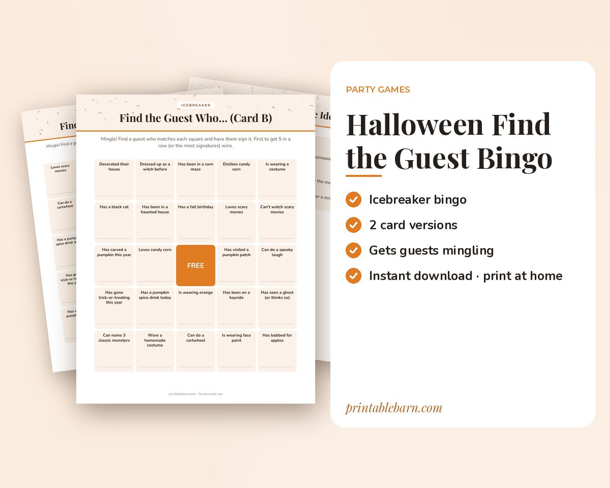 Halloween Find the Guest Bingo: Printable Icebreaker Game (2 Card Versions) printable preview 1